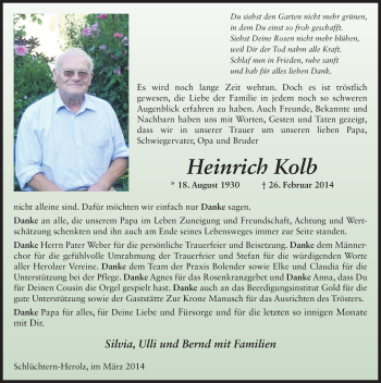Traueranzeige von Heinrich Kolb 