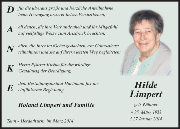 Traueranzeige von Hilde Limpert 