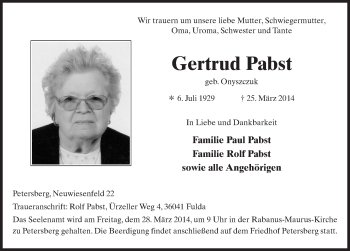 Traueranzeige von Gertrud Pabst 