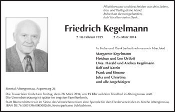 Traueranzeige von Friedrich Kegelmann 