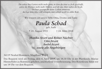 Traueranzeige von Paula Schad 