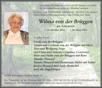 Traueranzeige von Wilma von der Brüggen 