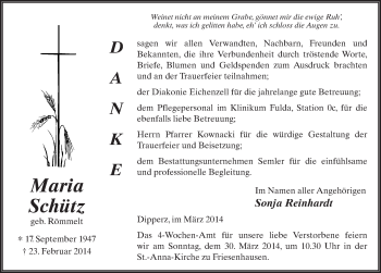 Traueranzeige von Maria Schütz 