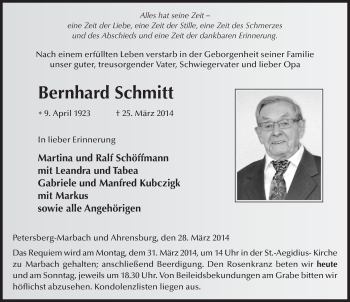 Traueranzeige von Bernhard Schmitt 