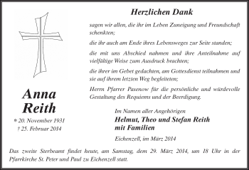 Traueranzeige von Anna Reith 