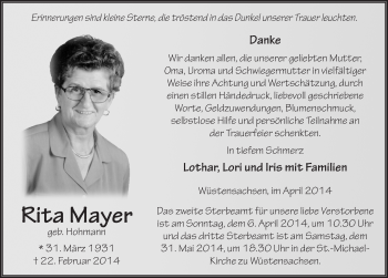 Traueranzeige von Rita Mayer 