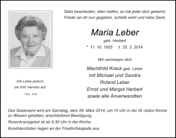 Traueranzeige von Maria Leber 