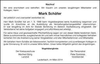 Traueranzeige von Mark Schäfer 
