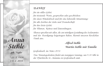 Traueranzeige von Anna Stehel 