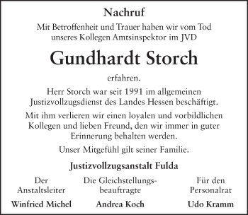 Traueranzeige von Gundhardt Storch 