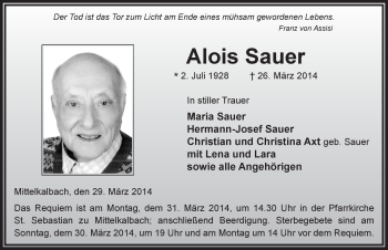 Traueranzeige von Alois Sauer 