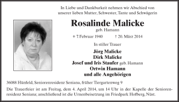 Traueranzeige von Rosalinde Malicke 