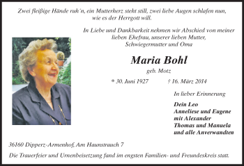 Traueranzeige von Maria Bohl 