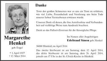 Traueranzeige von Margarethe Henkel 