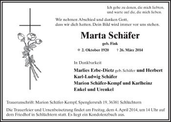 Traueranzeige von Martha Schäfer 
