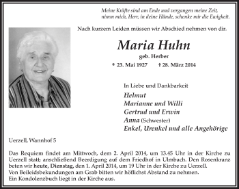 Traueranzeige von Maria Huhn 