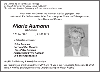 Traueranzeige von Maria Aumann 