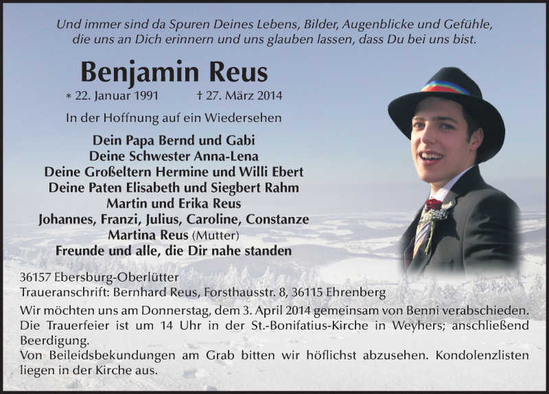  Traueranzeige für Benjamin Reus vom 01.04.2014 aus 
