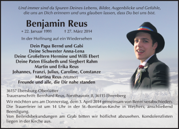Traueranzeige von Benjamin Reus 