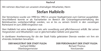 Traueranzeige von Stefan Halbleib 