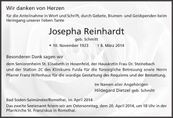 Traueranzeige von Josepha Reinhardt 
