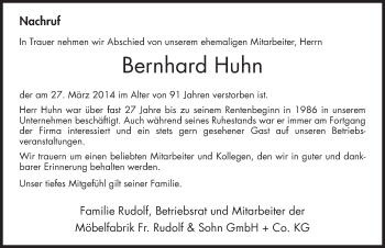 Traueranzeige von Bernhard Huhn 