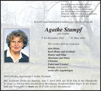 Traueranzeige von Agathe Stumpf 
