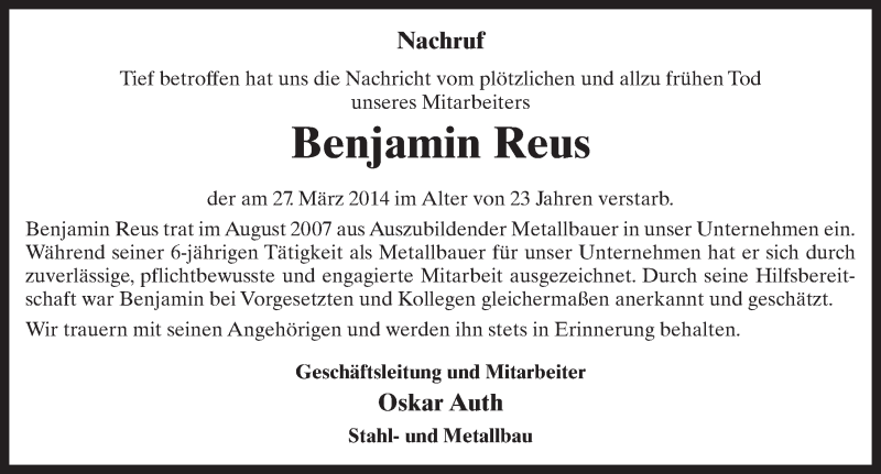  Traueranzeige für Benjamin Reus vom 02.04.2014 aus 
