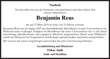 Traueranzeige von Benjamin Reus 