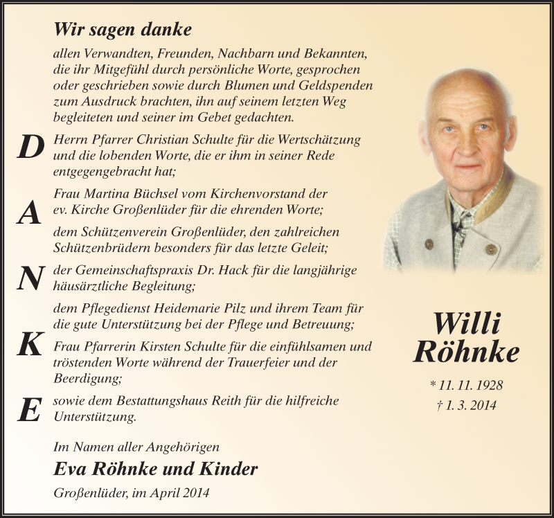  Traueranzeige für Willi Röhnke vom 04.04.2014 aus 