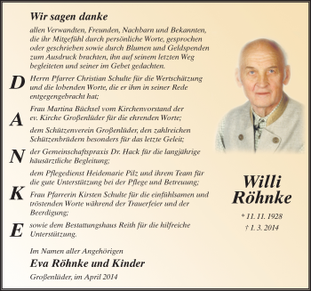 Traueranzeige von Willi Röhnke 