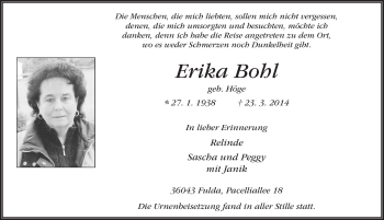 Traueranzeige von Erika Bohl 