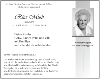 Traueranzeige von Rita Muth 