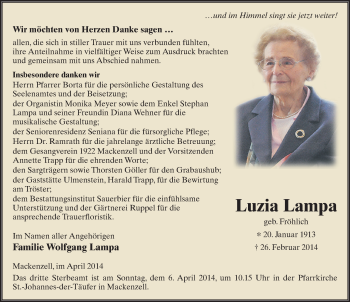 Traueranzeige von Luzia Lampa 
