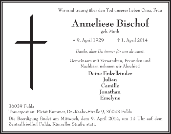 Traueranzeige von Anneliese Bischof 