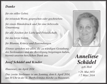 Traueranzeige von Anneliese Schädel 
