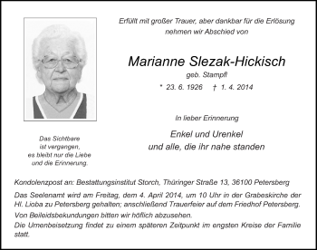 Traueranzeige von Marianne Slezak-Hickisch 