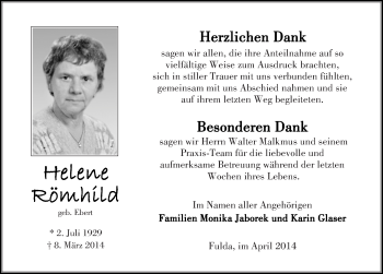 Traueranzeige von Helene Römhild 