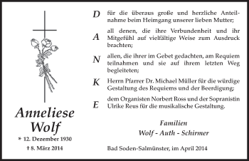 Traueranzeige von Anneliese Wolf 
