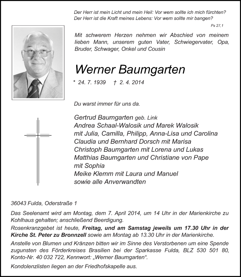  Traueranzeige für Werner Baumgarten vom 04.04.2014 aus 