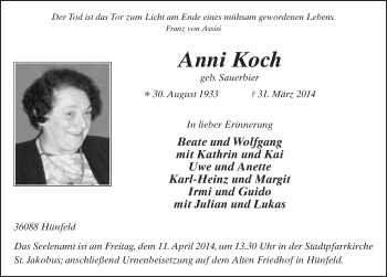 Traueranzeige von Anni Koch 