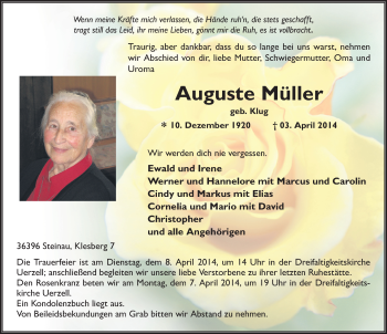Traueranzeige von Auguste Müller 