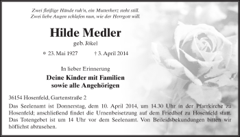 Traueranzeige von Hilde Medler 