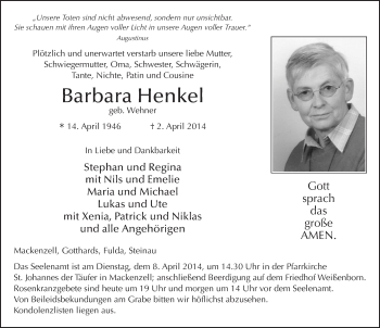 Traueranzeige von Barbara Henkel 