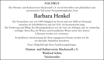 Traueranzeige von Barbara Henkel 