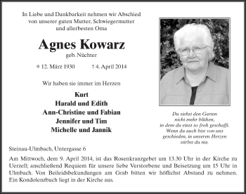 Traueranzeige von Agnes Kowarz 