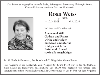 Traueranzeige von Rosa Weiss 