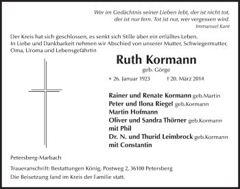 Traueranzeige von Ruth Kormann 