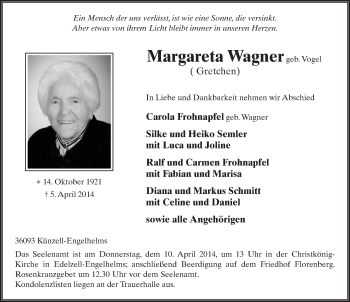 Traueranzeige von Margareta Wagner 