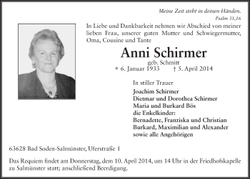 Traueranzeige von Anni Schirmer 